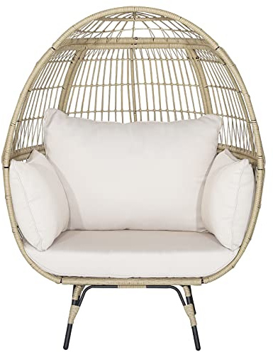 GYMAX Rattansessel, Rattanstuhl mit PE-Rattan & Metallgestell, Korbsessel in Ei-Form, Eierstuhl mit Sitzkissen, Gartensessel für Wohnzimmer, Balkon & Garten, 110 x 82 x 145 cm