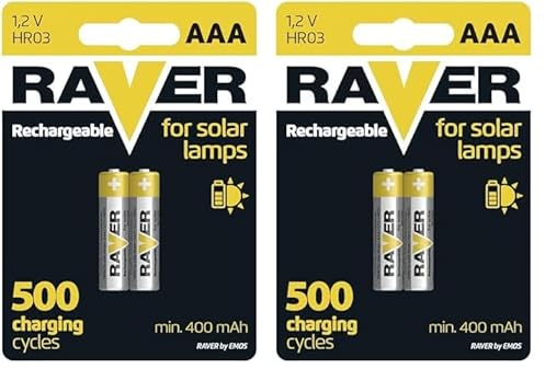 Raver by EMOS - Solar AAA Micro Akkus - aufladbare Batterien für Solarlampen - NiMH - 1,2V, HR03, 400 mAh - Betriebstemperatur -20 °C bis +50 °C - min. 500 Ladezyklen - 2 Stück (Packung mit 2)