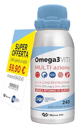 Marco Viti Omega3 Viti Multi Azione 240 Perle Softgel – Alta Concentrazione EPA 375 mg e DHA 250 mg, Integratore per Cuore, Cervello e Vista, Senza Glutine
