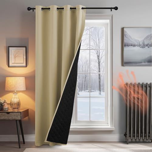 PONY DANCE Single Panel Thermal Door Curtain - Cold Insulated 100% Blackout Front Door Curtain, Windproof Thermal Insulated Thick Panel for Kitchen/Living Room/French Door, 52x84 inches, Beige