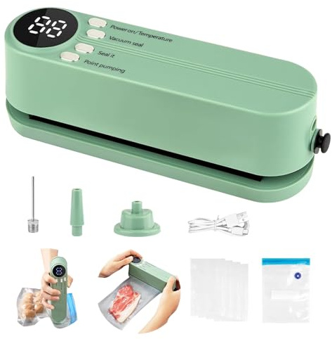 Mini sellador al vacío recargable, portátil, 60 KPA, con 3 niveles de temperatura, incluye 5 bolsas de vacío, 2 adaptadores de inflado y 1 adaptador de extracción de aire, sellador al vacío para