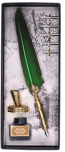 HERCHR Dip penna, set di penne e inchiostro di piume vintage, piume penne squisite eleganti acciaio inossidabile vintage che scrive lisce di resistenza all'usura trapunta matita (Verde)