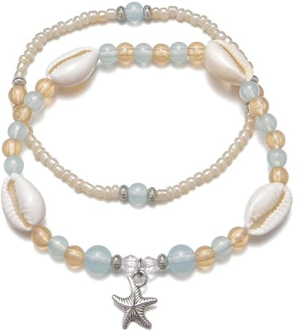 fKiZanthene 2 Piece Shell Anklet Bracelet Set for Women, Adjustable Ankle Bracelets with Starfish and Pearl, Hawaiian Beach Jewellery Gifts