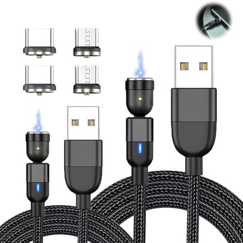 Bloomique 2pcs Magnetic Charging Cables, 9Pin Magnetic Phone Charger Cable 360° & 180° Rotation Fast Charging Cable USB Cable Compatible with Type C/Micro USB/Tablet/Laptop/Smartphone(1M+2M)