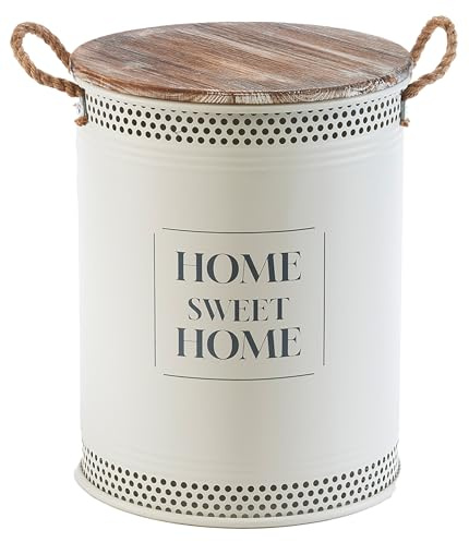 Kobolo Wäschebehälter HOME Gr. L | Ø 40 cm H: 52 cm | beige | Aufbewahrungstonne aus Metall mit Holzdeckel & Luftlöchern | moderner Wäschesammler im Vintage-Look für Bad, Flur oder Schlafzimmer