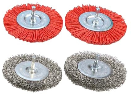 Spazzola metallica abrasiva in metallo e nylon per trapano elettrico, diametro 100 mm, gambo 6 mm, nucleo in acciaio inox per pavimentazione, vialetti, terrazze, set da 4 con 2 spazzole in metallo e 2