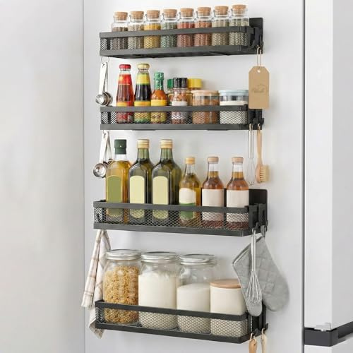 Ribech Set de Estanterías Magnéticas para Nevera, 4 Piezas con 8 Ganchos – Organizador Fuerte sin Taladrar para Cocina, Especias & Almacenamiento, Negro