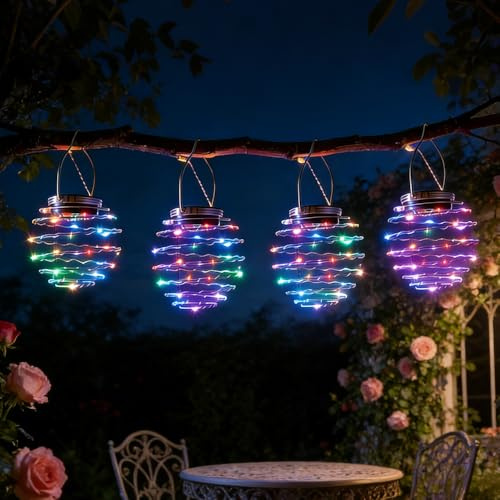 Afenau Solar Spiral Lanterns for Outside, 4 Pcs Solar Lanterns for Outside, Waterproof Garden Lanterns Solar Powered, Hanging Solar Lights for Party, Garden Wedding, Porch Decor (Colored Light)