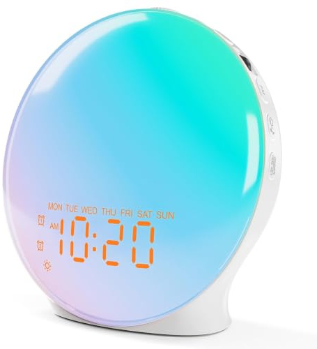 JALL Vollbild Wake Up Light Sunrise Wecker für Schlafzimmer, Weißes Rauschen Maschine für Schwerhörige, 25 Naturklänge, Doppelalarm, FM-Radio, 17 Dimmbare Farben, Bluetooth-Lautsprecher