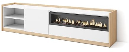 Skraut Home | Mueble TV | Muebles de salón, almacenaje | 207x50x37 cm | para televisión hasta 80 | Chimenea eléctrica | Estilo Moderno | Blanco y Roble Soft