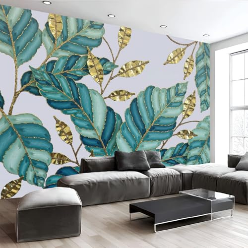 JEDTAKCT Papier Peint Panoramique Feuille De Bananier Dorée Luxueuse 300X210Cm - Murale Plante Tropicale - Tapisserie Murales Papier Peint Pour Chambre Salon - Cyan Poster Tableaux Photo Muraux