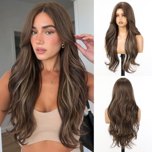 Allbell-brun med guldhighlights syntetisk nätperuk för kvinnor, 71 cm långa våglockar peruk med gardinpony, naturligt mitt-hårfäste limfri salong highlight look