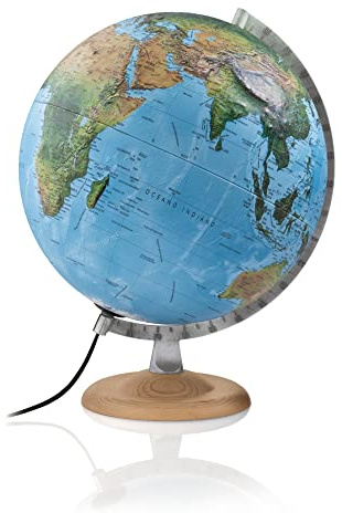 R4 silver: R4 silver - Globus mit 3-D-Oberfläche: 3-D-Doppelbild-Leuchtglobus 30 cm, silberfarb. Metallmeridian, Fuß Buche natur (Globus 3D-Oberfläche)