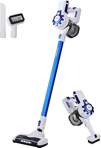 Monzana® Aspirateur Balai sans Fil sans Sac 120W Blanc Bleu Autonomie 40 Min Filtre HEPA Lumière LED Buses Accessoires