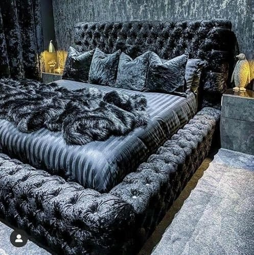 Beds & Co Black Crushed Velvet Upholstered Regal Ambassador Bed Frame and Headboard - Mattress/Diamante Hand Made in the UK - Single/Double/Kingsize/Superking (Double (4FT 6INCHES), Without Mattress)