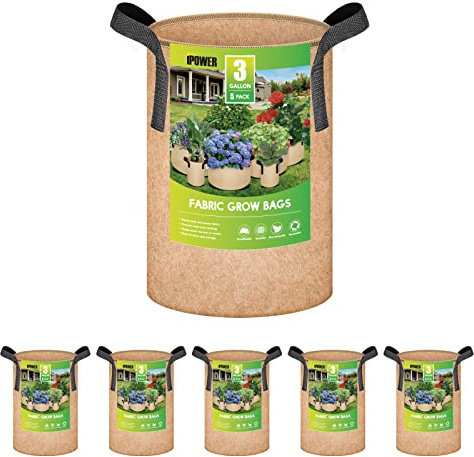 iPower Lot de 5 Sacs de Culture pour Plantes de 10 litres en Tissu Non tissé épais et Durable, poignées à Sangle pour Jardin, Marron Clair
