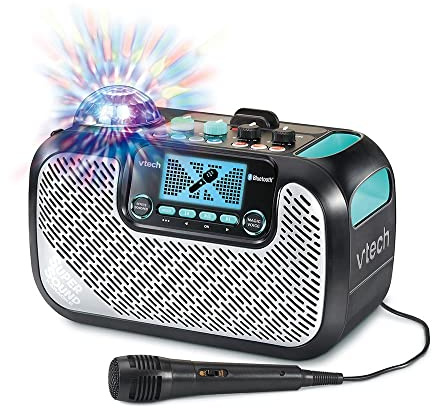VTech - SuperSound Karaoke, Enceinte Karaoké Enfant avec Micro, Boule Disco Lumineuse Rotative, Bluetooth, Prise Jack pour Casque, Apprentissage du Chant, Cadeau Enfant Dès 5 Ans - Contenu en Français