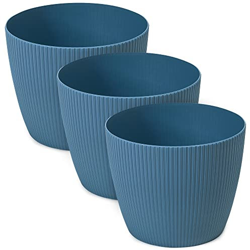 TULMERO Blomkruka matt, planteringskruka av ytterkruka plast dekorativ kruka för, stora växter 3 x blomkruka set, blomkruka örtkruka, (3-pack) marinblå, ø 26 cm