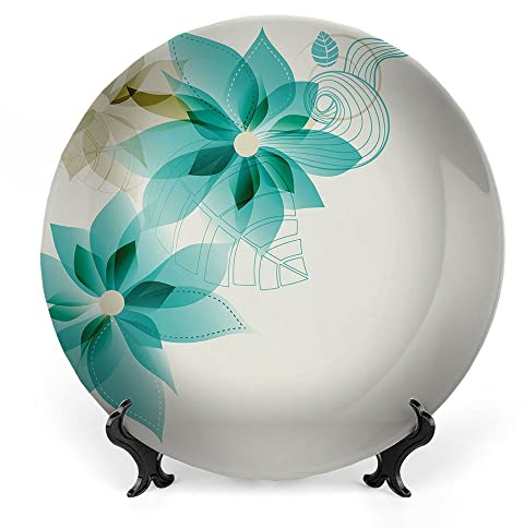 LIGUTARS Decorative Plates, Teal Print Ornament, Vintage Inspired Floral Elegance with Abstract Vibrant, 10 Inch, 1 Plate with 1 Display Stand, Turquoise Beige