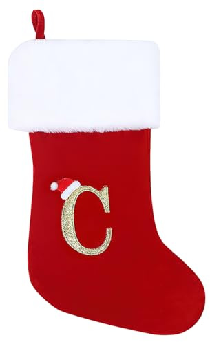 Sulobom Calza di Natale, calze di Natale con lettera personalizzata, 45 cm, grandi calze di Natale, decorazioni natalizie personalizzate per le vacanze in famiglia (C, rosso)