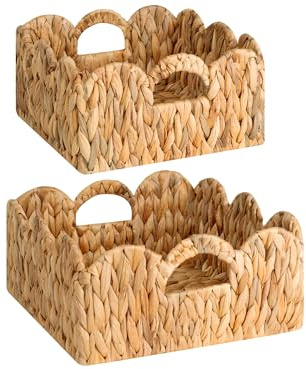 StorageWorks Scalloped Wicker Basket, Woven Baskets for Storage, Rattan Baskets with Handles, Paper Rope Basket for Organizing and Decor, 2 Pack
