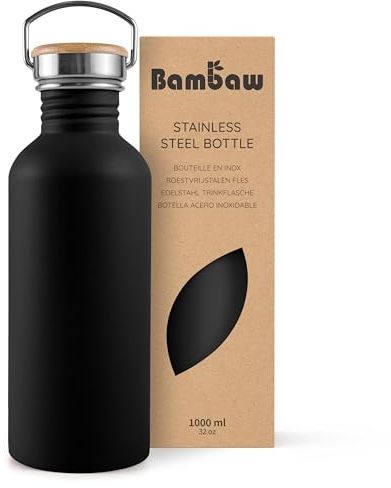 Bambaw 1L Stainless Steel Water Bottle, Jet Black, Leakproof, Easy to Clean, Reusable Water Bottle