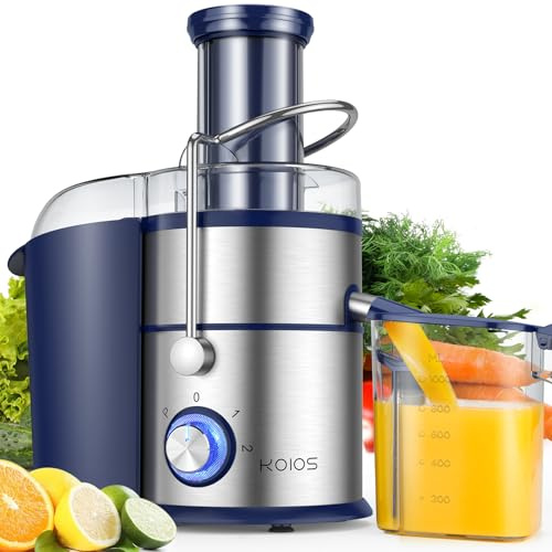 1300W KOIOS Centrifugal Juicer Machines, Juice Extractor with Extra Large 3inch Feed Chute, Full Copper Motor, Titanium-Plated Filter, High Juice Yield, 3 Speeds Mode, Brush included, Non-BPA, Blue