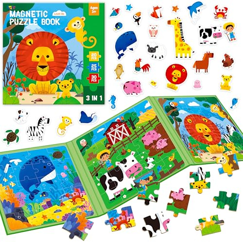 Magnetiska pussel för barn från 3–5 år, 3 resepussel med 20/25/30 delar, Sudoku-pusselspel, magnetiska pussel för förskoleområdet (djurtemat)