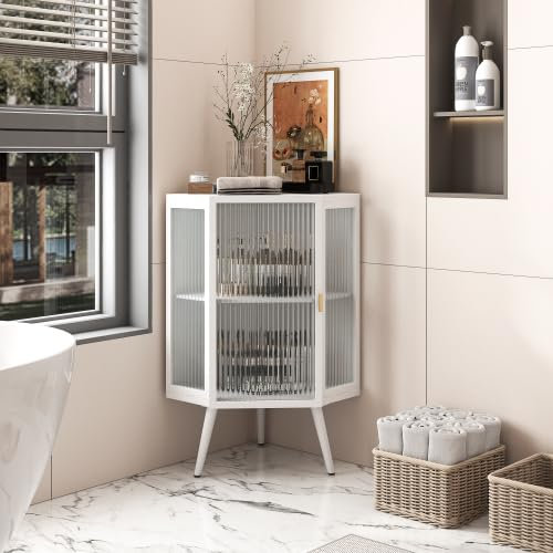 HAINEW Hörnskåp badrumsskåp förvaringsskåp med glasdörr och metallram, modernt badrumsskåp högskåp badrumsmöbler för kök badrum, 56,5 × 42,5 × 80 cm (vit)