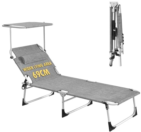 Sonnenliege mit Dach, wetterfeste Gartenliege, stabile Strandliege klappbar & leicht, mit Sonnenschutz & verstellbarer Rückenlehne, belastbar bis 150 kg, ideal für Garten Terrasse Camping, Grau