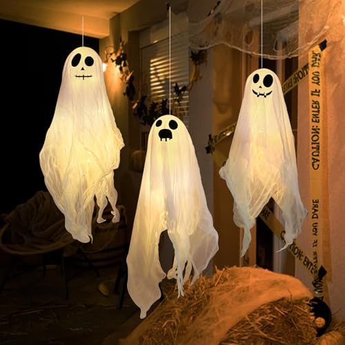 Oneshlee 3 Pezzi Fantasma Halloween da Appendere con Luce A LED, 45 cm Fantasmi Halloween Decorazioni, Decorazione Helloween Casa Esterno Giardino Cortile Prato Terrazza
