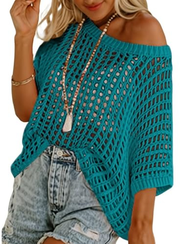 Utarbetad stickad topp, kvinnors sommar rund hals kortärmad tröja, pullover skjortor strand coverup, Påfågelsblå, L