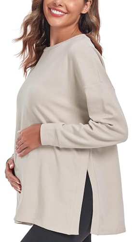 Love2Mi - Maglietta da donna a maniche lunghe per la gravidanza, canottiera premaman, abbigliamento per la maternità, albicocca, XXL