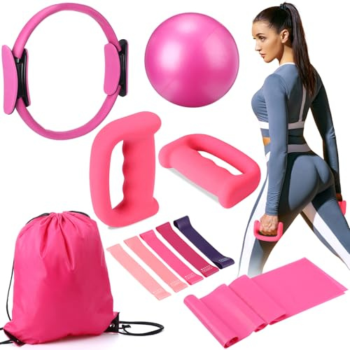 Poen 10 Pcs Pilates Ring Set Include 2.2lb *2 Dumbbells 10 Yoga Exercise Ball 12 Pilates Ring 5-40lb Resistance Bands Elastic Band and Drawstring Backpack Set for Women Home Workouts(Pink)