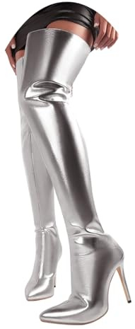Botines para mujer 2026 con plataforma metálica y tacón alto con cremallera completa sobre la rodilla, Silver, 39.5 EU