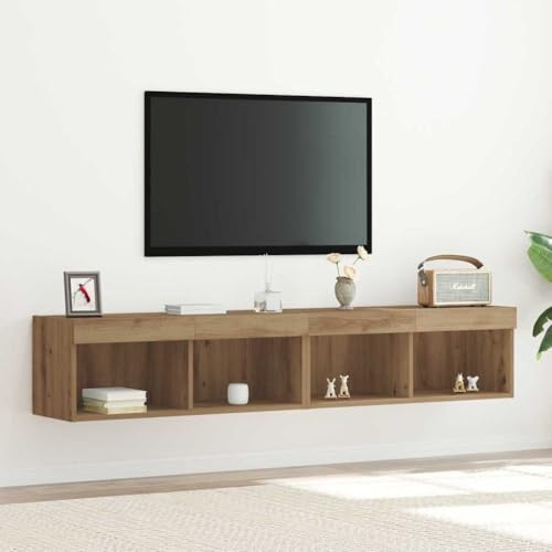 Yunovire Lot de 2 meubles TV en chêne artisanal, 80 x 30 x 30 cm, montage mural, éclairage LED, design moderne, espace de rangement pour salon, chambre à coucher
