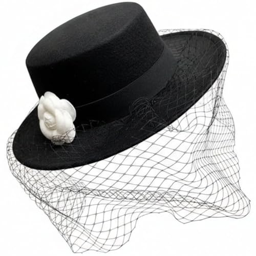 Ymxygz Französischer Schleierhut Kamelienverzierung, Flacher Hut, Teeparty-Kopfbedeckung Für Hochzeiten, Beerdigungen, Cocktailpartys, Kirche Und Weihnachten