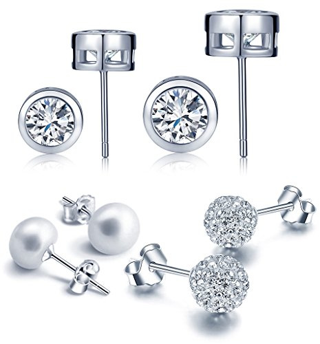 Yumilok 4 Paar Damen Ohrringe aus 925 Sterling Silber Zirkonia Perlen Ohrstecker Kristall Kugel Huggie Creolen Hypoallergen Ohrringe Set Earrings Knorpel Ohrschmuck für Frauen Mädchen