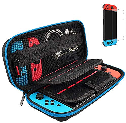 daydayup Switch Tempered Glass Screen Protector & Deluxe Hard Shell Travel Case - Pouch Case for Nintendo Switch Console & Accessories (Blue)