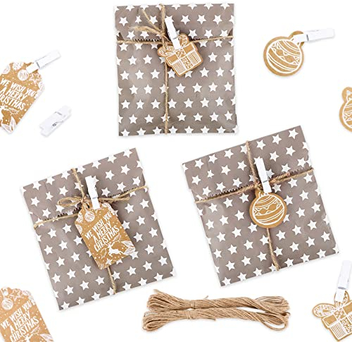 FLOFIA 25 Papiertüten Weihnachten Geschenktüten 24 Adventskalender Tüten zum Befüllen Weihnachtskalender zum Selber Befüllen Weihnachtstüten Süßigkeiten Candy Bar mit 30 Etiketten 30 Klammern Schnur B