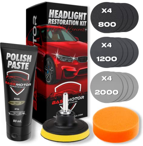 BassMotor Complete Kit for Polishing Dull and Worn Headlights for Car Restoration - Set for Cleaning and Sanding for ITV and Improved Visibility and Safety, Carbon Alumina