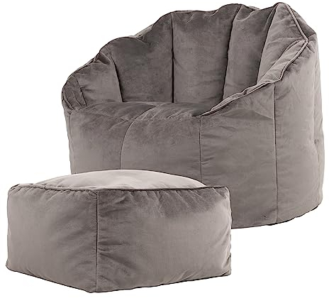 Icon Sirena Sitzsack Sessel mit Hocker für Erwachsene, Dunkelgrau, Flauschiger Samtstoff, Riesen Sitzsack Samt mit Füllung, Bean Bag Chair, Bequemer Sessel Wohnzimmer, Lounge, Schlafzimmer, Büro