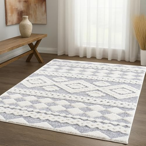 payé Teppich Wohnzimmer Hochflor - Boho - Pastell Cream Grau - 120x170cm - Einfarbig - Modern Raute Meliert Muster - Skandinavisch Flauschig Weich - Wohnteppich Schlafzimmer Dekoration