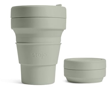 STOJO On-The-Go Mini tasse pliable pour enfant – 237 ml – Tasse de voyage réutilisable et pliable en silicone avec couvercle et paille – Portable, format de poche, passe au lave-vaisselle – Sauge