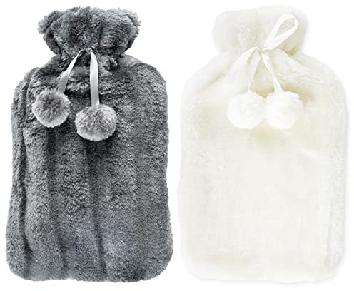 2 Pack Hot Water Bottles with Cover UK - x2 Natural Rubber 2 Litre Hot Water Bottles - Perfect Hot Water Bag for Pain Relief, Hand Feet Warmer (Cream Bottles with x1 Dark Grey & x1 White Cover)