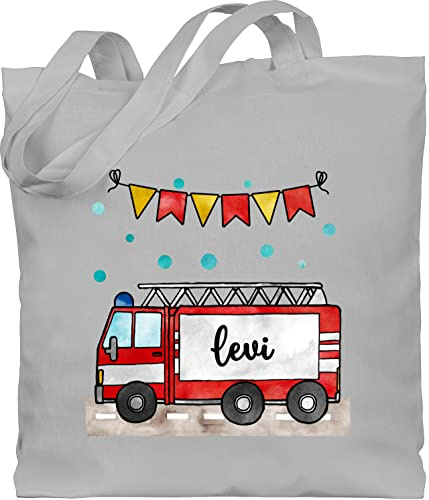 Geschenk mit Namen personalisiert by Shirtracer - Baumwolltasche - Feuerwehrauto Motiv I Leiterwagen Geschenk Feuerwehr I Löschzug