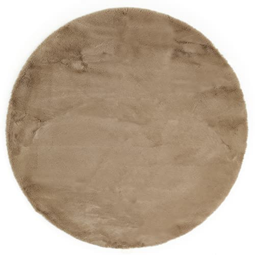 -LUXOR- living Teppich Coste gemütlicher Hochflor Kunstfell Teppich Fellimitat in Schaffelloptik 120 cm rund Taupe