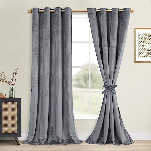 DWCN Grey Velvet Curtains 84 Inches Long with Tiebacks - Thermal Insulated Grommet Tieable Window Treatments Blackout Room Darkening Privacy Protect Drapes for Bedroom Living Room, W52 x L84, 2 Panels