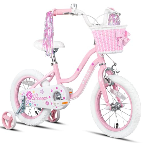 Glerc Daisy Bicicleta Infantil de 14 Pulgadas para Niñas de 3, 4 y 5 años con Cintas Decorativas, Cesta y Ruedines, Color Rosa.