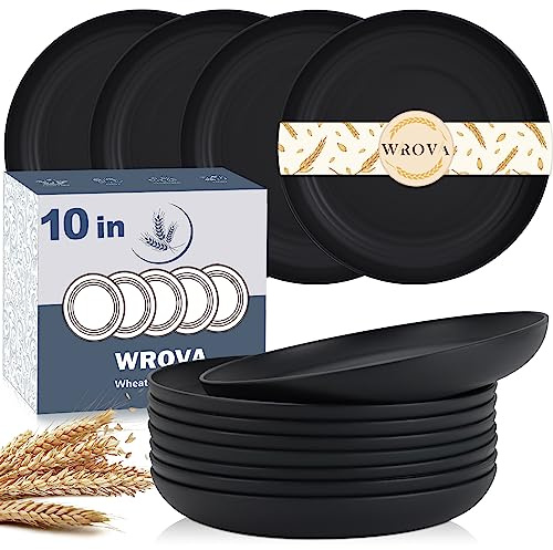 Wrova Wheat Straw Plates - 10 Inch Unbreakable Dinner Plates Set of 8 - Dishwasher & Microwave Safe Plastic Plates Reusable - Lightweight Plate for kitchen,camping (Pure Black)
